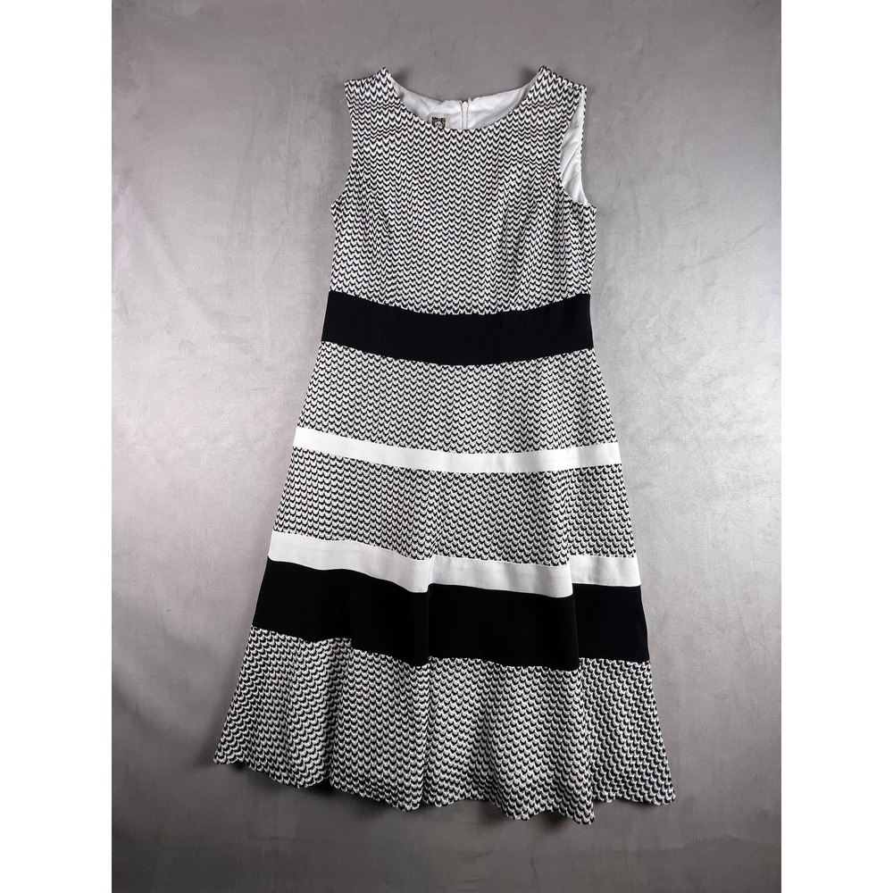 Anne Klein Black White Chevron Striped Fit Flare Sleeveless Midi Dress Womens 6